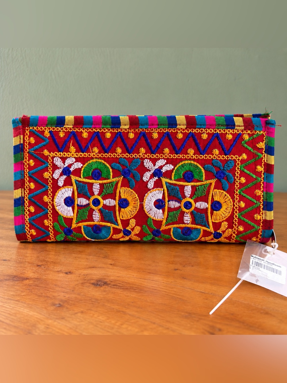 National Handloom Embroidered Clutch Purse Red Multicolor Boho With Tags on